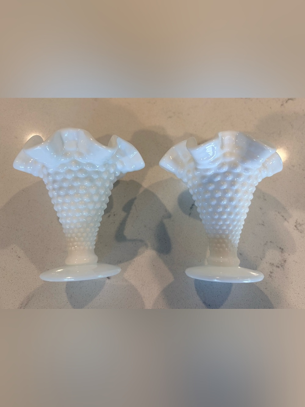 Pair of White Fenton Hobnail Milk Glass Trumpet Vases -